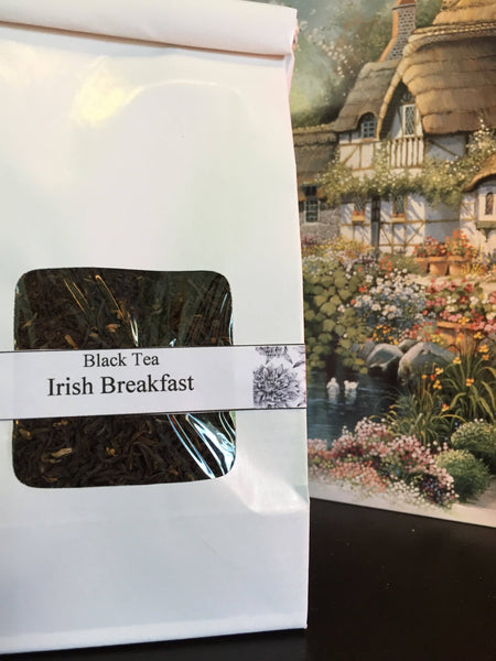 White bag of loose leaf black tea Irish Breakfast