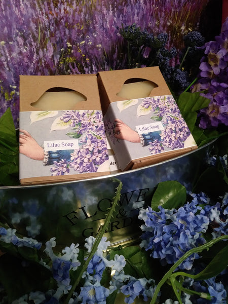 two bars of lilac soap in a vintage wrapper