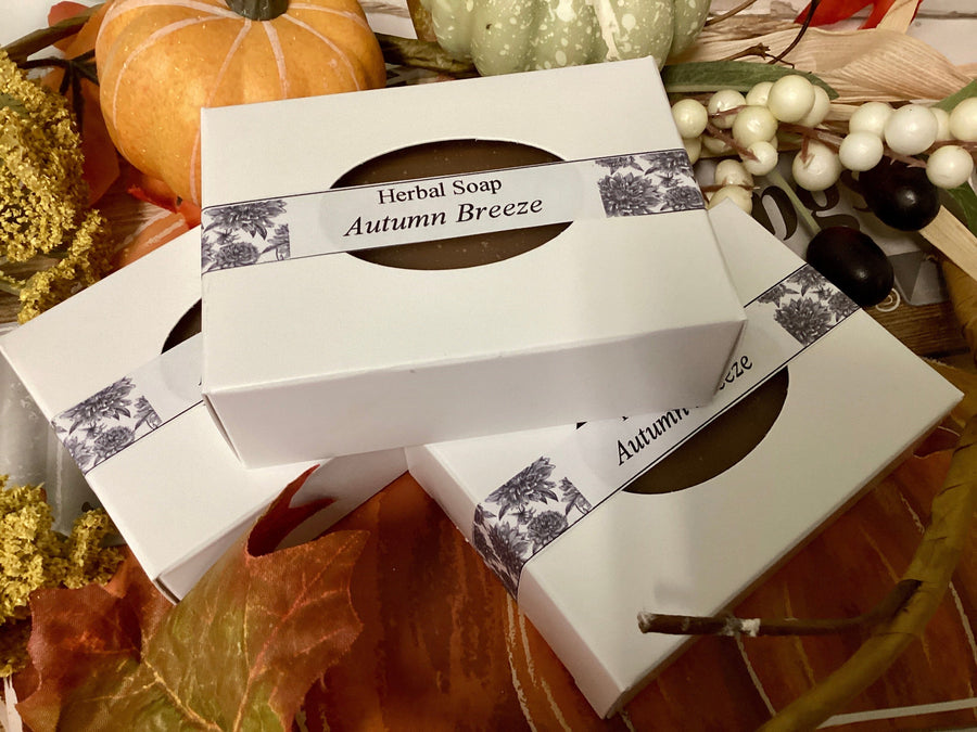 ark color brown soap in a white box in a Fall setting of orange leaves and vines