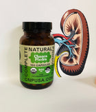 glass bottle of natural supplement  chanca piedra to support kidney health with a  graphic of a kidney in the background