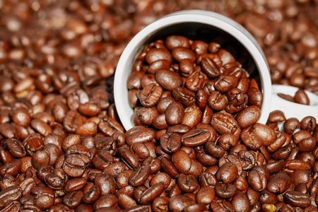 lighter colored coffe beans in a white cup